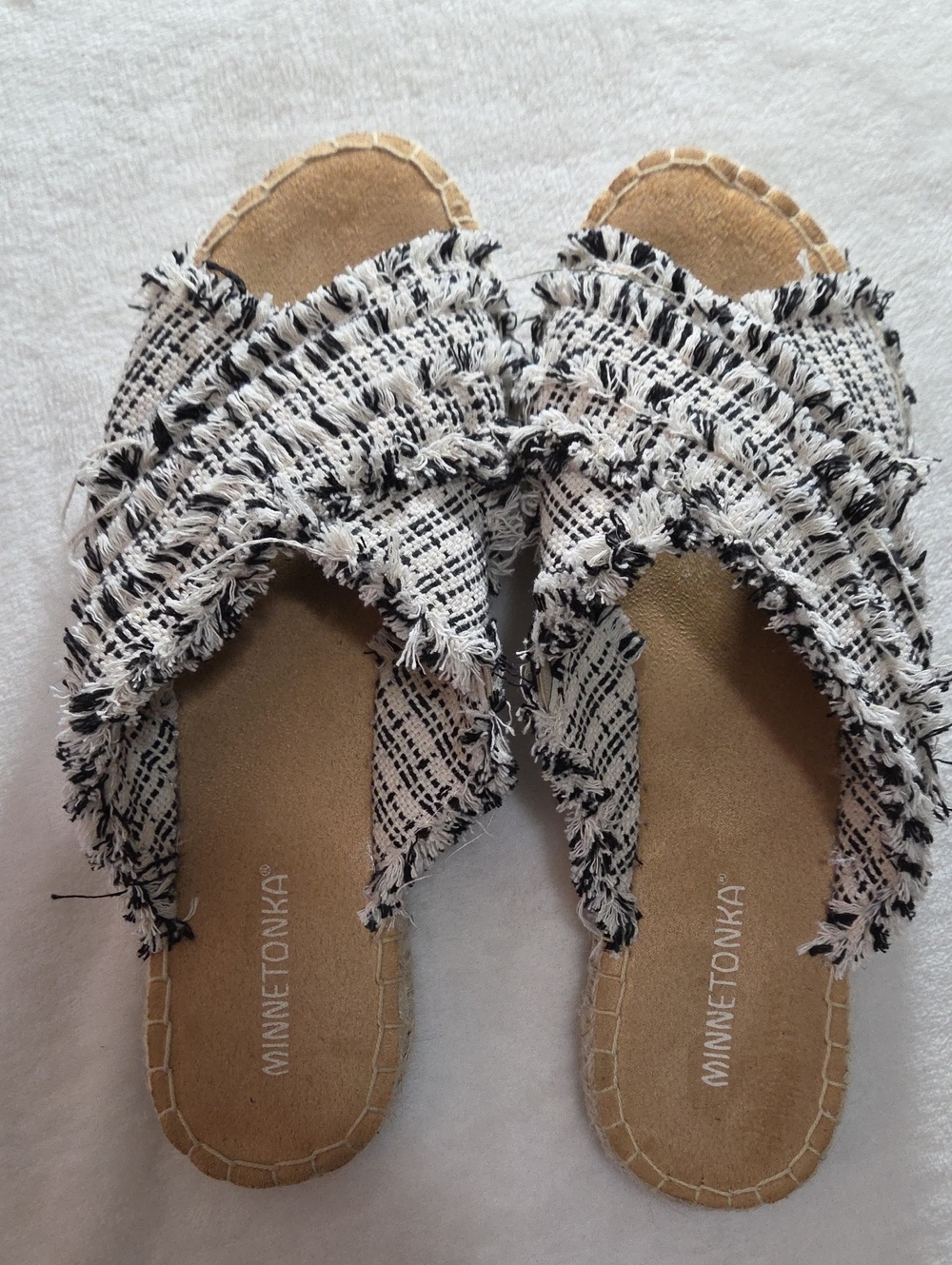Minnetonka Black & White Frayed Textile Slide Mules